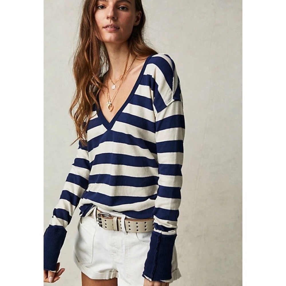 We The Free Sail Away Striped Tee Free People Navy White S Boho Coastal